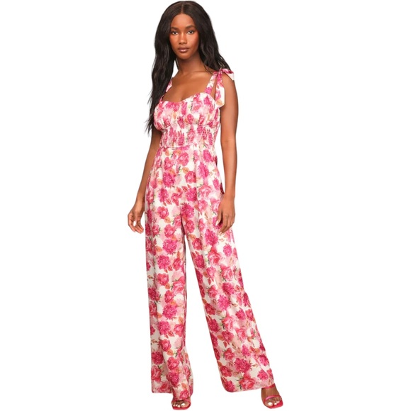 Lulus Pants - Lulu's Exquisite Outing Ivory Floral Print Tie-Strap Wide-Leg Jumpsuit NWOT